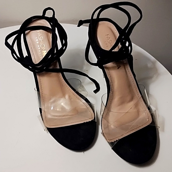 Fashion Nova clear & black lace-up stiletto sandals - Picture 2 of 7